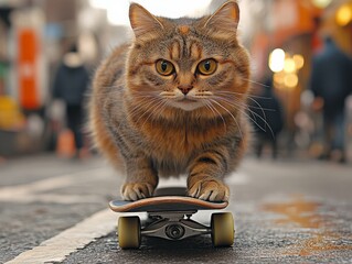 Cat balancing on skateboard in the street