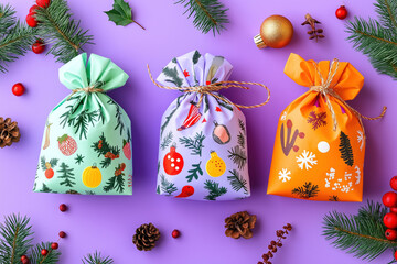 assorted colorful christmas gift bags with festive prints and nature themes on a purple background for holiday celebrations