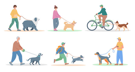 Wall Mural - People with dogs set. Men, women and children walking and playing with dog. Dog lover, owner or volunteer characters. Vector flat illustration isolated on white background.