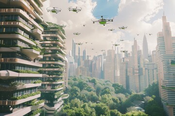 Futuristic cityscape featuring lush, green urban areas and a sky filled with flying drones, showcasing the harmony between advanced technology and nature.