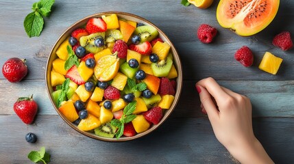 Delicious fruit salad in a bowl with ingredients arranged flat on a wooden table. 