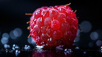 Wall Mural -   A close-up image of a red fruit with water droplets on its surface against a dark background