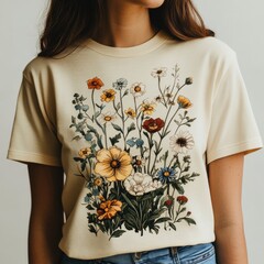 Wall Mural - Woman wearing a floral graphic t-shirt.