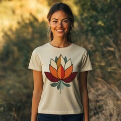 Woman wearing a t-shirt with a lotus flower design.