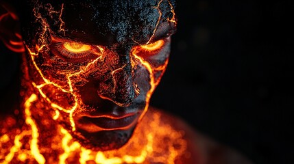   A man's face with blazing flames and glowing eyes against a dark background