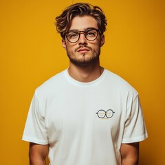 Wall Mural - Young man in glasses posing against a yellow background.