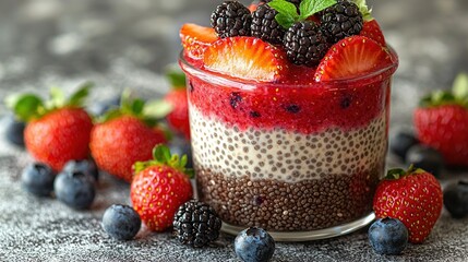 Wall Mural -  a close-up bowl of strawberries and blueberries surrounded by various fruits on a table