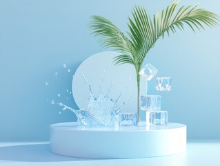 Poster - Water Splash and Ice Cubes on a Platform with Palm Leaf