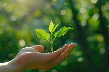 hand holding young plant on blur green nature background. concept eco earth day