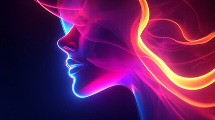 Abstract neon silhouette of a woman's face on dark background, vibrant and futuristic concept