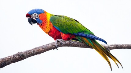 Colorful Parrot Perched on a Branch Isolated on White Background