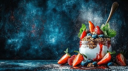 Wall Mural -  A jar with strawberries, blueberries, and granola for a sweet treat Spoon included on dark background