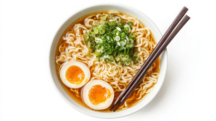 A bowl of ramen noodles with two soft boiled eggs, green onions, and chopsticks on a white background.