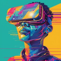 Wall Mural - Young Man wearing VR Headset Immersed in Virtual Reality World