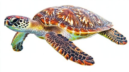 Sea Turtle Swimming Underwater  Isolated on White Background