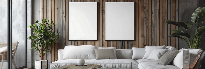 Modern living room interior with white sofa, wooden wall, and two blank frames