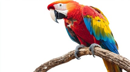 Wall Mural - Colorful Scarlet Macaw Parrot Bird Perched on Branch Isolated on White Background