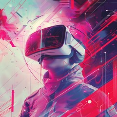 Poster - Person wearing VR headset with abstract colorful background. Metaverse concept