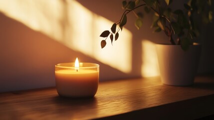 Wall Mural - Candle on a wooden shelf with plant shadow, warm sunlight ambiance. Relaxation and home decor concept