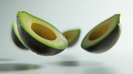 Poster -   An avocado cut in half rests atop a white table beside another avocado