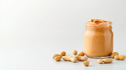 Wall Mural -   Peanut butter jar beside nuts on white table, white backdrop