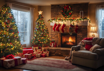 Cozy Christmas room with a decorated tree, fireplace, presents, and festive lights