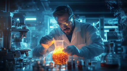 Scientist Working in a Laboratory with Glowing Liquid