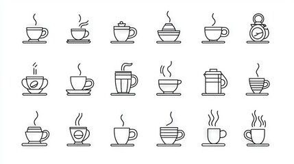   A set of coffee cups and saucers with steam rising from each cup