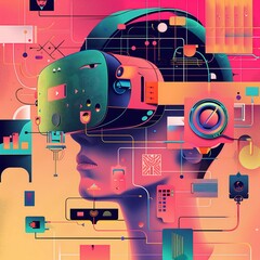 Poster - Abstract illustration of a person wearing a VR headset, surrounded by colorful technology elements, representing virtual reality, metaverse, and digital technology.