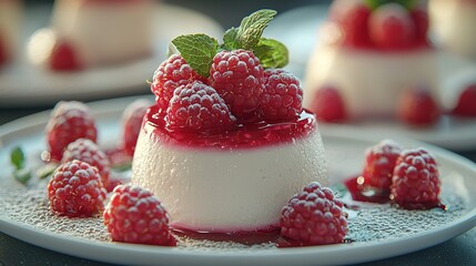 Wall Mural -   A white plate topped with a dessert covered in raspberry sauce and garnished with a green leaf