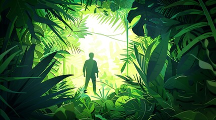 Wall Mural - Man standing in a jungle clearing, looking towards a bright light.  Concept of exploration, adventure, and hope.