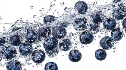 Poster -   A group of blueberries float in water on a white background with a water splash nearby