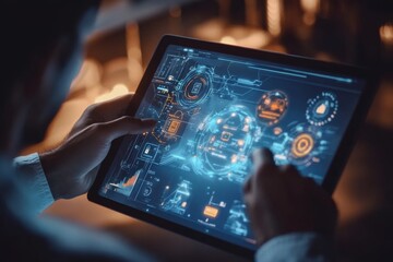 Wall Mural - close up of software developer coding with augmented reality dashboard and iot mobile app design