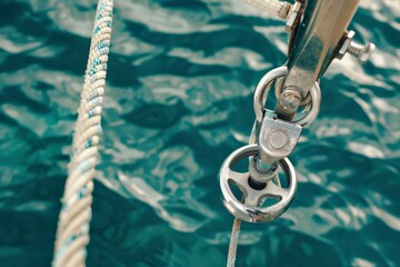 Close-up of a pulley system on a boat, highlighting the intricacy of its design against the backdrop of shimmering water.