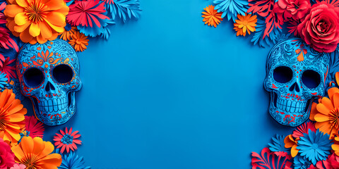 Wall Mural - Day of the Dead cut paper sugar skulls calacas on blue background with copyspace, wide banner, empty space