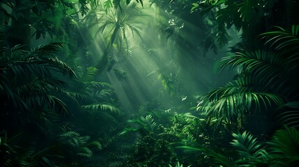 Wall Mural - Mysterious Tropical Jungle With Sunlight Streaming Through Canopy