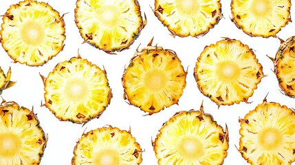 Sticker -   A cluster of freshly chopped pineapples resting on a pristine white table, surrounded by a clean white background