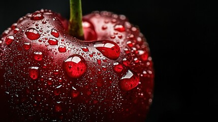 Poster -   A close-up of a red apple with water droplets on its surface and a green stem protruding from it