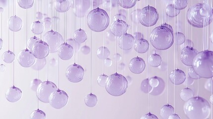 Wall Mural -   A room with multiple light purple-colored glass balls hanging from the ceiling, creating a beautiful display of clear glass orbs