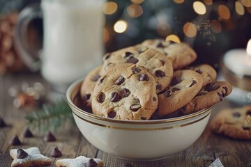 Poster - cookies  Closeup of chocolate chip cookies on stars bowl and milk glass over a wooden background