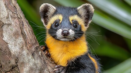   A close-up of a small animal perched on a tree branch, surrounded by lush green leaves and a blurred background