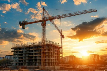 Stunning sunset over construction site featuring cranes and apartment building development