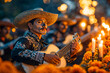 © Sunshower Shots - Mariachi guitarist musician with skull face paint performing in Day of the Dead cemetery with marigolds and candles, Mexican, night