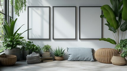 this Home interior with a poster mockup, metal frame, succulents, and a stack of books on a white wall.