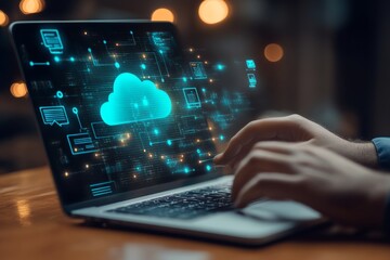 Wall Mural - digital workspace laptop use with cloud computing diagram, network connection, and data storage