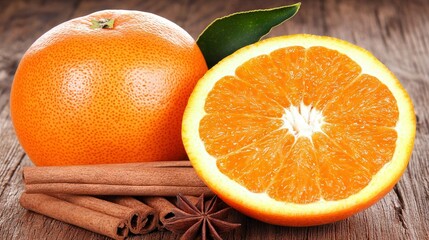 Poster -   A few oranges rest atop a wooden table alongside cinnamon sticks and an orange wedge