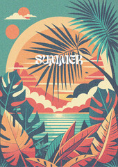 Abstract creative concept of summer poster, cover, bright card with nature landscape, sun, clouds, the sea, tropical leaves and typography design. templates for celebration, ads, banner, cover, flyer.