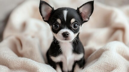 Wall Mural -   A black-and-white dog rests atop a white blanket on a bed