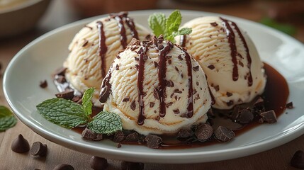 Canvas Print -   Three scoops of ice cream with chocolate sauce and mint leaves on a white plate, accompanied by chocolate chips on the side