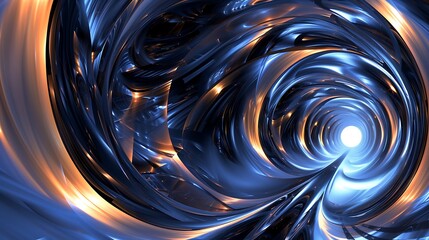 Wall Mural - Abstract swirling metallic tunnel with glowing light at the end